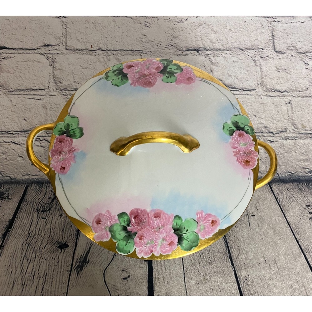 Vintage Limoge Style Covered Serving Bowl Pink Roses  Gold‎ Trim Japan